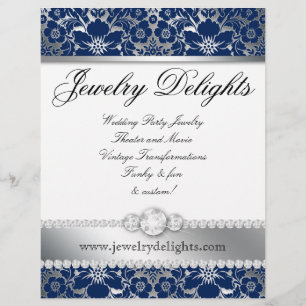 Jewelry Flyer Hair Salon Blommigt Damask Navy Silv