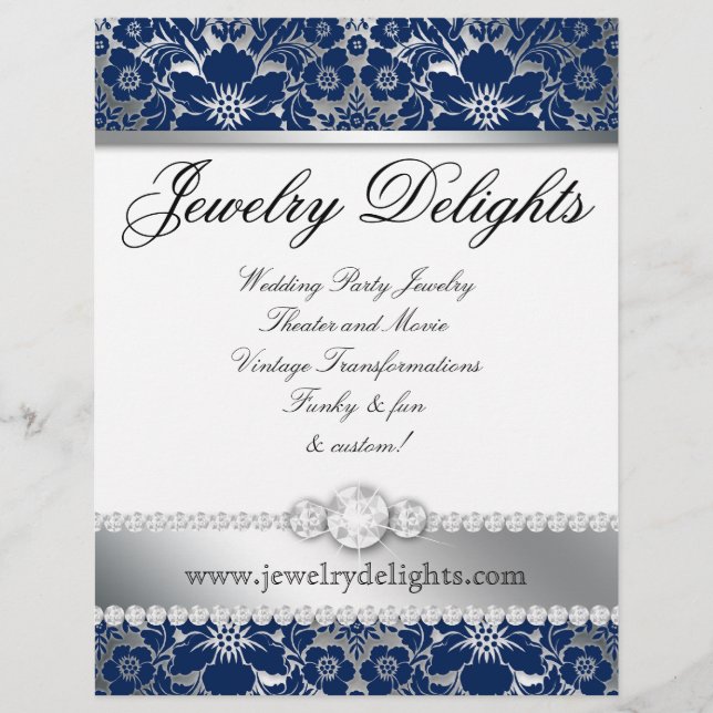 Jewelry Flyer Hair Salon Blommigt Damask Navy Silv (Framsidan)
