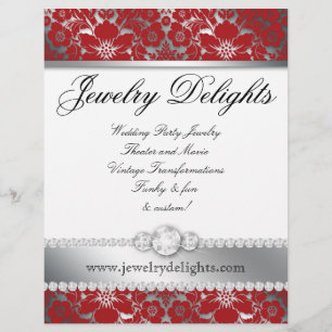Jewelry Flyer Hair Salon Blommigt Damask Red Silve