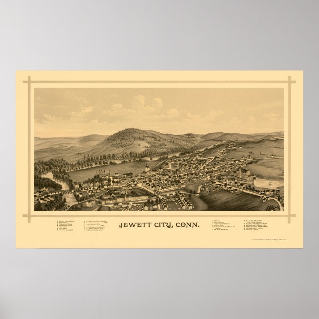 Jewett City, CT Panoramic Karta - 1889 Poster (Framsidan)