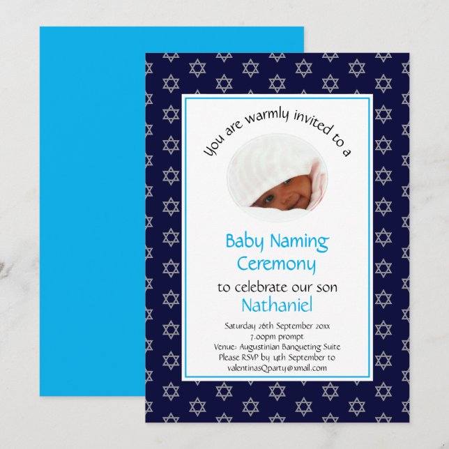 Jewish Baby Naming | Foto | David stjärna | Blå Inbjudningar (Fram/baksida)