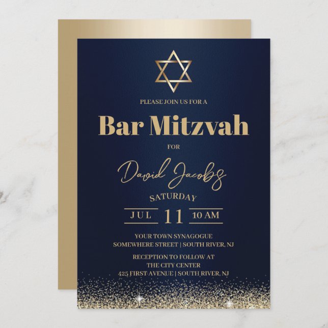Jewish Bar Mitzvah Modern Blå & Guld Inbjudningar (Fram/baksida)