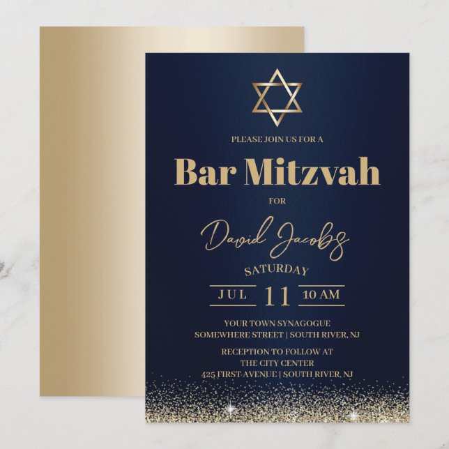 Jewish Bar Mitzvah Modern Marinblå & Guld Inbjudningar (Fram/baksida)