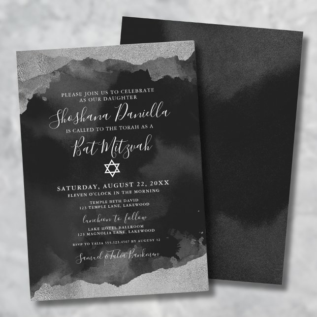 Jewish Black Silver Watercolor Mitzvah Inbjudningar (Bat Mitzvah Girl Black Silver Watercolor Jewish Invitation)