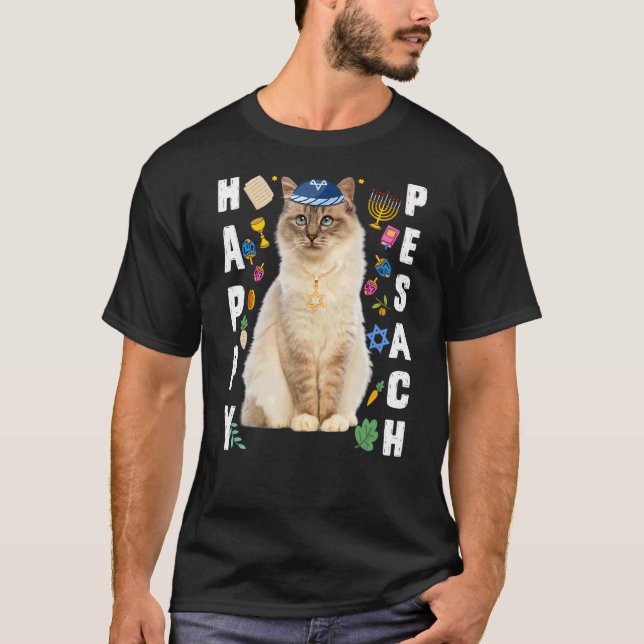 Jewish Cat Kippah Lycklig Pesach Matzah Passover H T Shirt (Framsida)