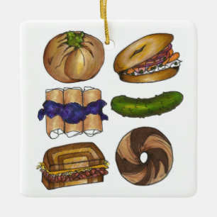 Jewish Deli Mat Pickle Knish Blintz Bagel Lox Julgransprydnad Keramik
