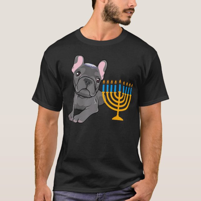 Jewish French Bulldog Frenchie Dog Menorah Hanukka T Shirt (Framsida)