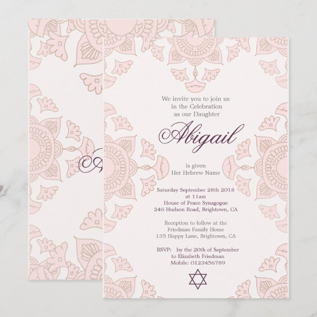 Jewish Girl Anpassningsbar Baby Naming Rosa Inbjudningar (Fram/baksida)