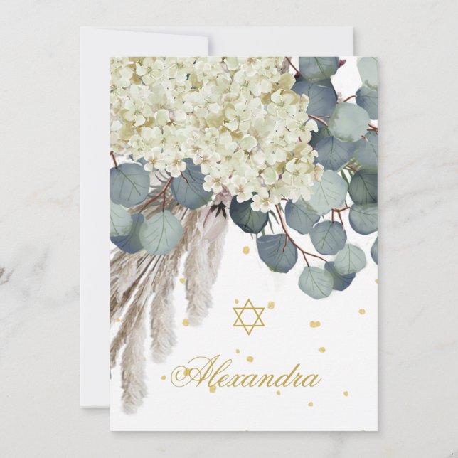 Jewish Girl Baby Naming Blommigt Foliage Guld Inbjudningar (Baksida)