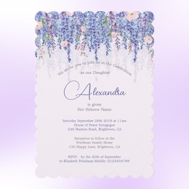 Jewish Girl Baby Naming Blommigt Lavender Elegant Inbjudningar (Skapare uppladdad)