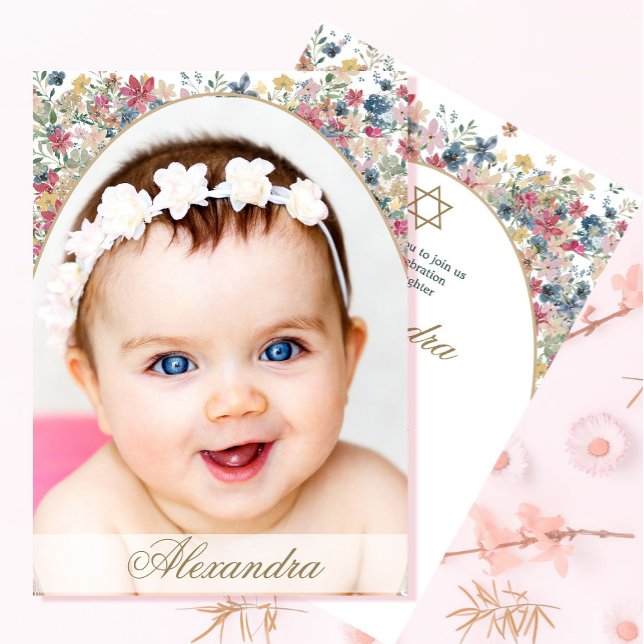 Jewish Girl Baby Naming Fält Flower Photo Inbjudningar (Skapare uppladdad)