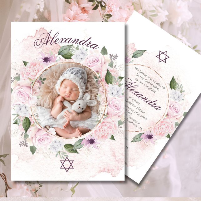 Jewish Girl Baby Naming Rosa ros Photo Inbjudningar (Skapare uppladdad)