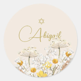 Jewish Girl Baby Naming Watercolor Fält Flowers Runt Klistermärke