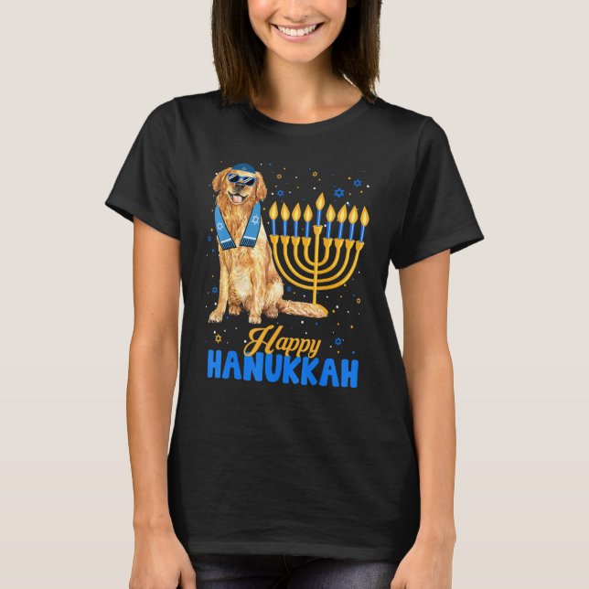 Jewish Golden Retriever Dog Menorah Happy Hanukkah T Shirt (Framsida)