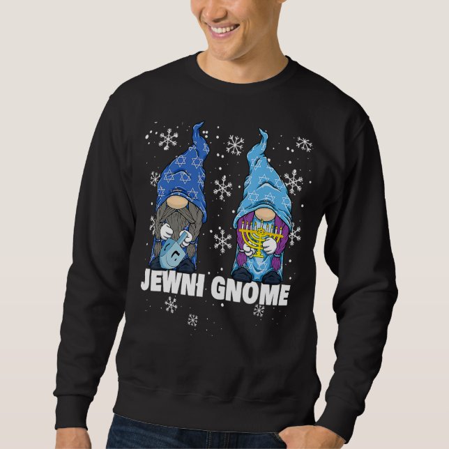 Jewish Hanukkah Menorah Dreidel Gnome Lycklig Gnom Lång Ärmad Tröja (Framsida)