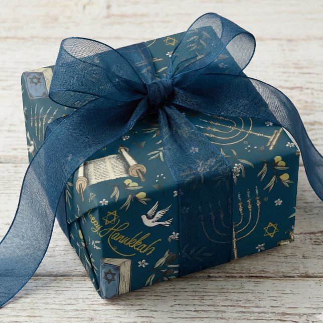 Jewish Happy Hanukkah Menorah Navy Blue Presentpapper (Jewish Holiday Hanukkah Wrapping Paper in Elegant Navy Blue for Him. Menorah, Star of David, Torah)