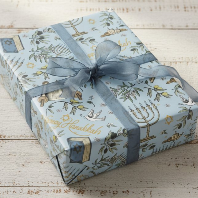 Jewish Happy Hanukkah Menorah & Olive Branches Presentpapper (Elegant Blue Menorah, Star of David, Dreidel & Olives Wrapping Paper for Jewish Holiday Hanukkah)