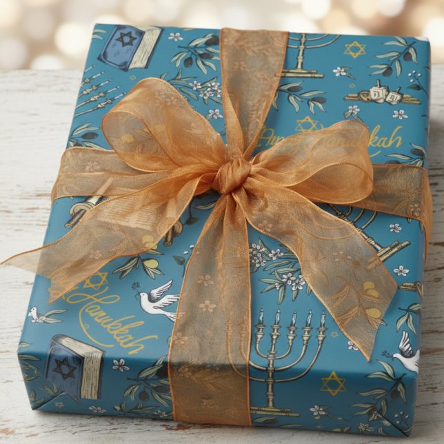 Jewish Happy Hanukkah Menorah & Olive Branches Presentpapper (Happy Hanukkah Wrapping Paper. Festive Jewish Menorah, Dreidel, Dove, Olive Branches, Torah Pattern)