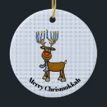 Jewish Rudolph Chrismukkah Ornament<br><div class="desc">Den här prydnaden har min judiska Rudolph Reindeer som inte bara har en röd näsa, utan han är har ljus på sina tänder som en Menorah som extra ljus. Texten på den här dekorationen är anpassade till kostym du eller mottagaren. Designad av Sheila Cicchi, Brownielocks.com. Alla rättigheter förbehållna. OBS! På...</div>