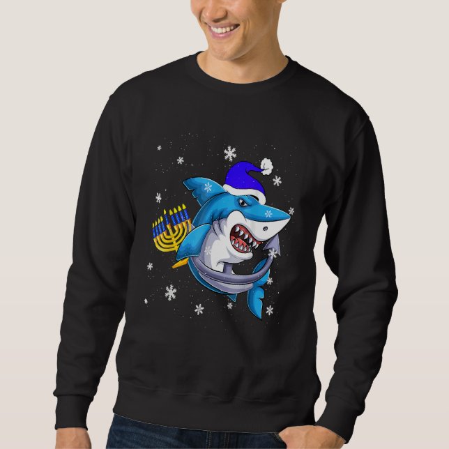 Jewish Shark Menorah  Hanukkah Chanukah Animal Lång Ärmad Tröja (Framsida)