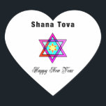 Jewish Star Shana Tova Hjärtformat Klistermärke<br><div class="desc">Shana Tova Jewish Star har Hebrew stil nedfläckad glass Star av David och Sunny hälsning för ett Gott nytt år.</div>