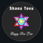 Jewish Star Shana Tova Runt Klistermärke<br><div class="desc">Shana Tova Jewish Star har Hebrew stil nedfläckad glass Star av David och Sunny hälsning för ett Gott nytt år.</div>