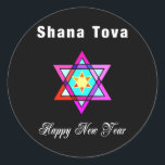Jewish Star Shana Tova Runt Klistermärke<br><div class="desc">Shana Tova Jewish Star har Hebrew stil nedfläckad glass Star av David och Sunny hälsning för ett Gott nytt år.</div>