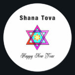 Jewish Star Shana Tova Runt Klistermärke<br><div class="desc">Shana Tova Jewish Star har Hebrew stil nedfläckad glass Star av David och Sunny hälsning för ett Gott nytt år.</div>