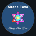 Jewish Star Shana Tova Runt Klistermärke<br><div class="desc">Shana Tova Jewish Star har Hebrew stil nedfläckad glass Star av David och Sunny hälsning för ett Gott nytt år.</div>