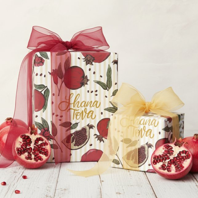 Jewish Striped Yellow Shanah Tovah Pomegranate  Presentpapper (Shana Tova Jewish New Year Rosh Hashanah Wrapping Paper. Red Pomegranate Fruit Butter Yellow Stripes)
