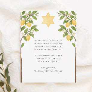Jewish Sympathy Star Lemon Träd Watercolor Shiva Tack Kort