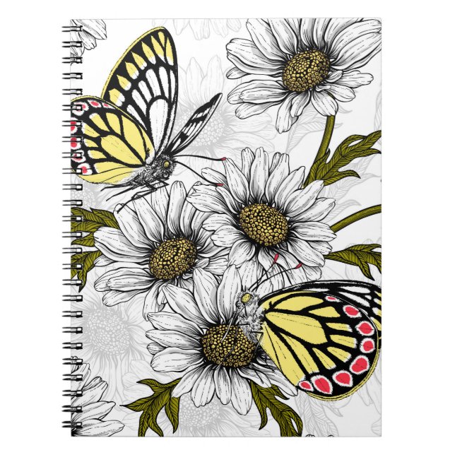 Jezebel butterflies och daisy blommor på vita anteckningsbok (Framsidan)