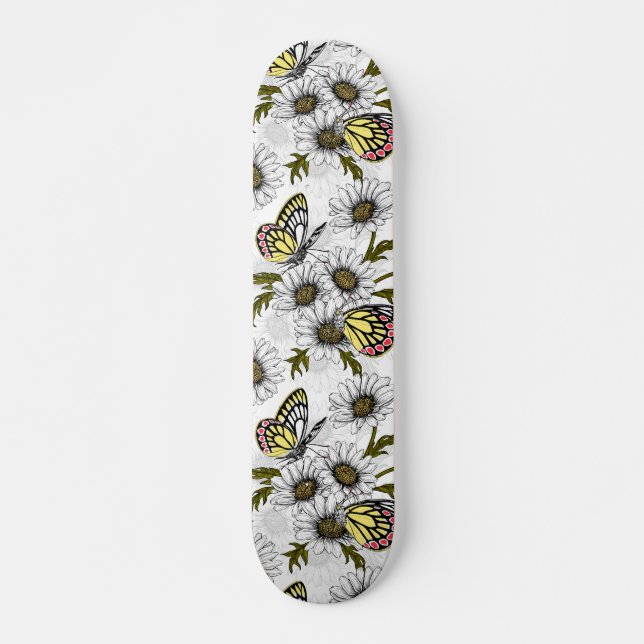 Jezebel butterflies och daisy blommor på vita mini skateboard bräda 18,5 cm (Framsida)