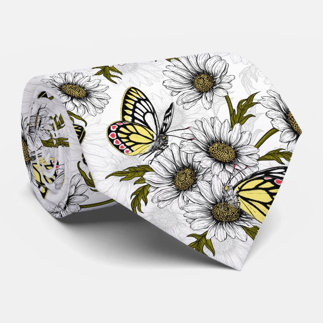 Jezebel butterflies och daisy blommor på vita slips (Rullad)
