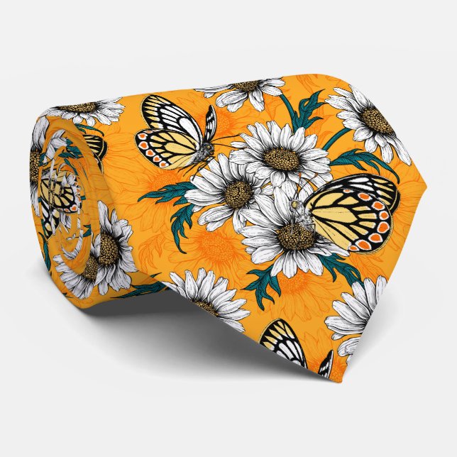 Jezebel butterflies och daisy blommor slips (Rullad)