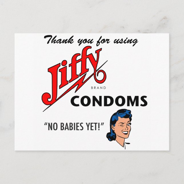 Jiffy Brand Condom Gear! Vykort (Framsida)