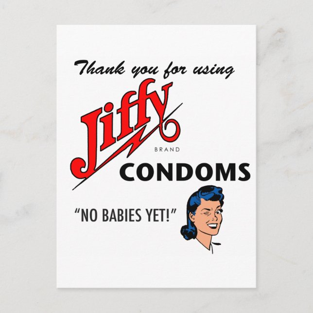 Jiffy Brand Condom Gear! Vykort (Framsida)