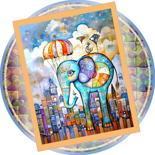 JIGSAW PUZZLE - Blue Elephant Dropping into Town Pussel (Skapare uppladdad)
