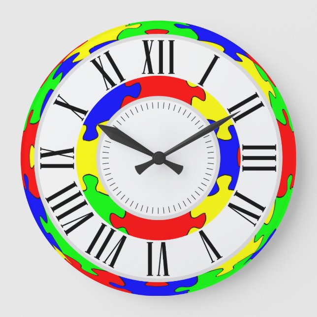 Jigszle Puzzle med ljusröd, blå, Grönt och Gult Stor Klocka (Framsida)