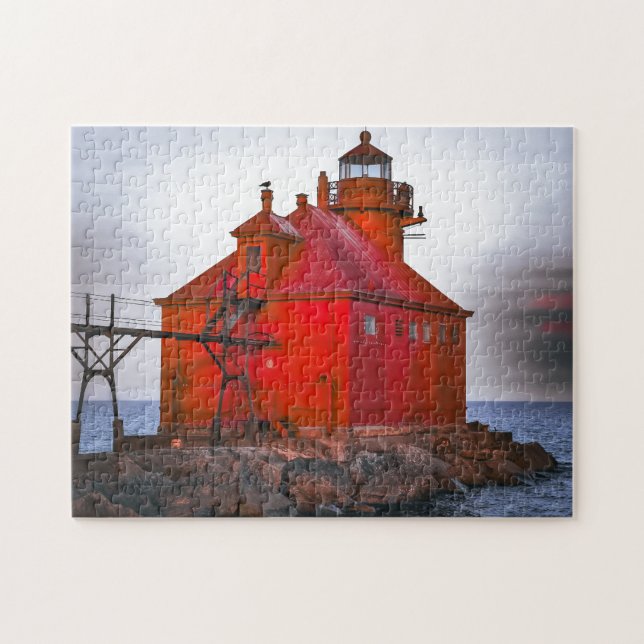 Jigszle Puzzle Red Lighthouse på stormiga hav Pussel (Horisontell)