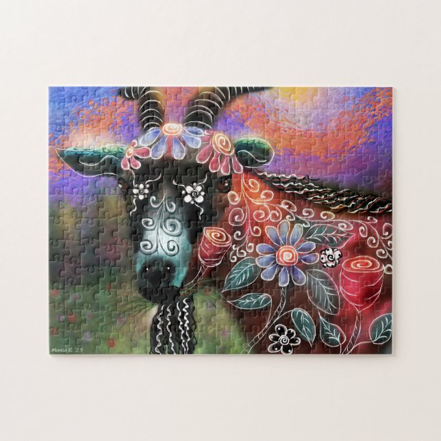 Jigszle Puzzle - Whimsical Blommigt Goat Abstrakt  Pussel (Horisontell)