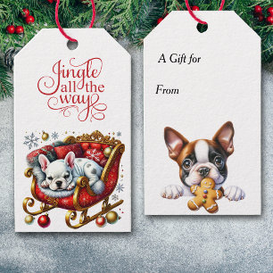Jingle All Way Fransk Bulldog Santa Sleigh Presentetikett