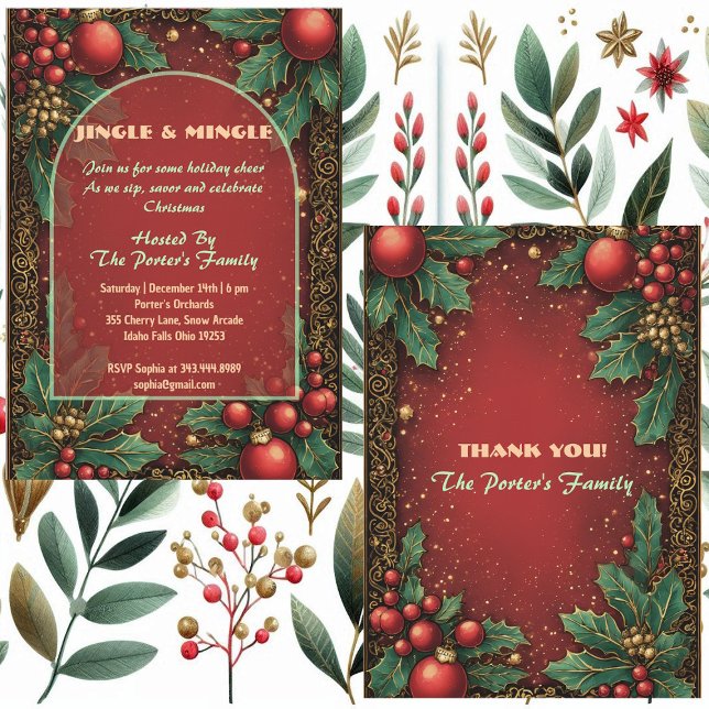 Jingle and Mingle Christmas Holly Motifs Red Berry Inbjudningar (Jingle and Mingle Christmas Holly Motifs Red Berry Invitation)