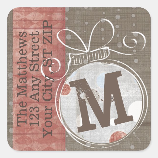 Jingle Bell Monogram Returadress Fyrkantigt Klistermärke (Framsida)