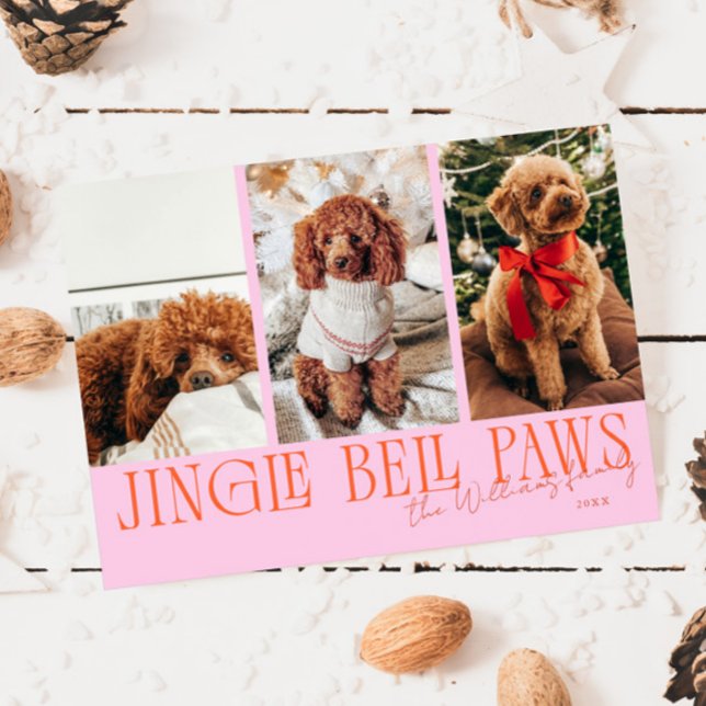 Jingle Bell Paws Christmas Orange Pink Dog Photo  Julkort (Skapare uppladdad)