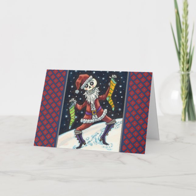 JINGLE BONES SANTA, CHRISTMAS SKELETON & STOCKINGS HELGKORT (Framsida)
