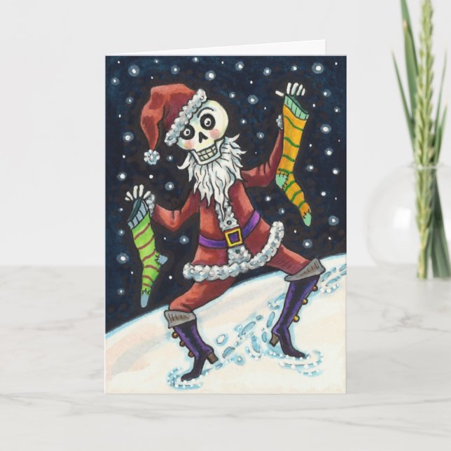 JINGLE BONES SANTA, CHRISTMAS SKELETON & STOCKINGS HELGKORT (Framsida)
