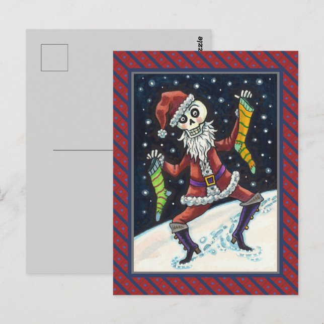 JINGLE BONES SANTA, HELGDAG SKELETON & STOCKINGS VYKORT (Fram/baksida)
