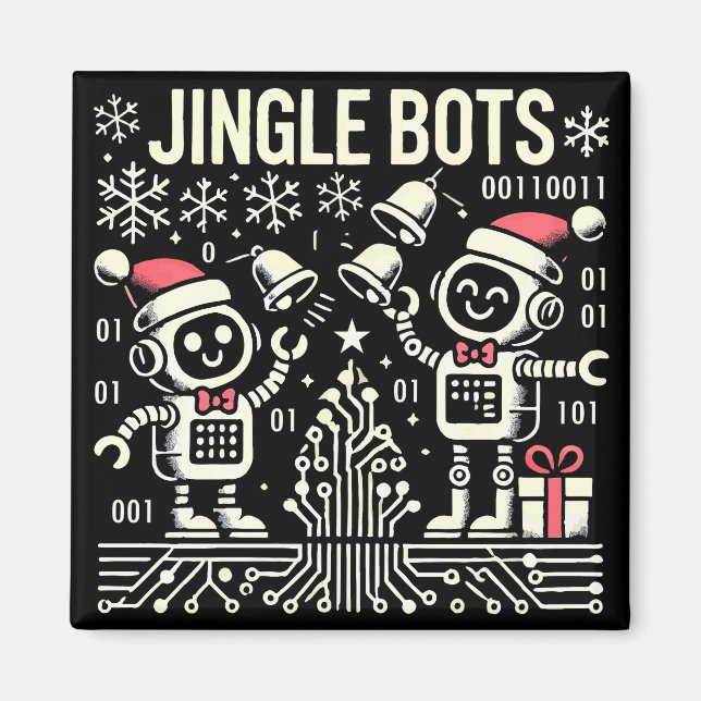 Jingle Bots Festive Helgdag Robots med Santa Hats Magnet (Framsidan)