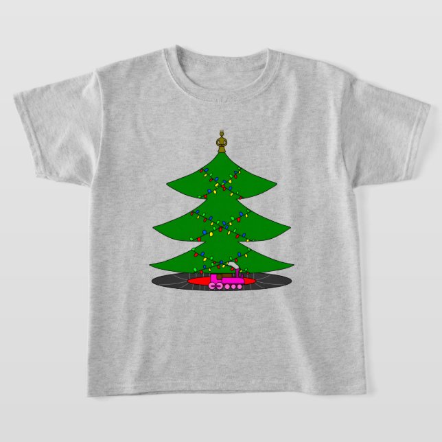 Jingle Claws Whimsical Christmas Tree & Train  T Shirt (Laydown)